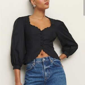 Reformation Elainna Black Scalloped-Trim Button-Front Blouse